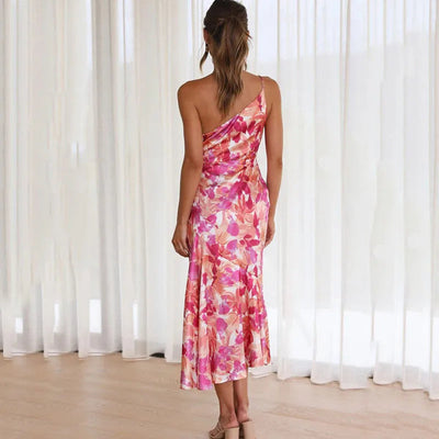 Midi jurk met bloemenprint en asymmetrische schouderlijn