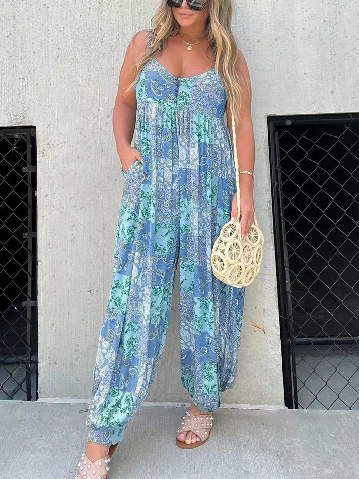 Luchtige jumpsuit met patchworkprint en smalle bandjes