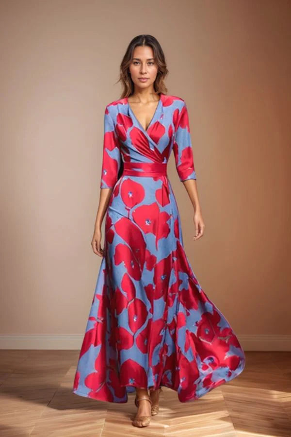 Lang dames maxi jurk met ceintuur en korte mouwen