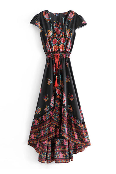 Stijlvolle midi jurk in boho stijl met bloemenprint en v hals