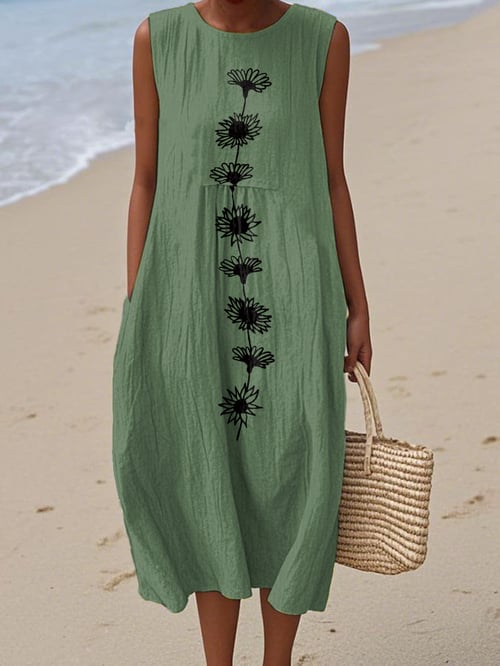 Casual midi jurk met ronde hals en print zonder mouwen