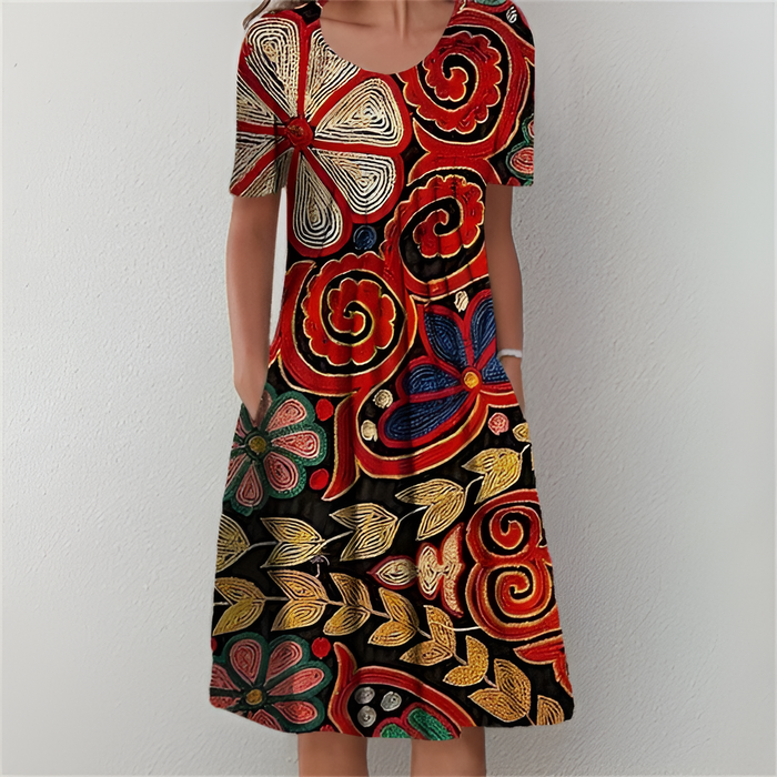 Klassieke midi damesjurk met bloemenprint en korte mouwen