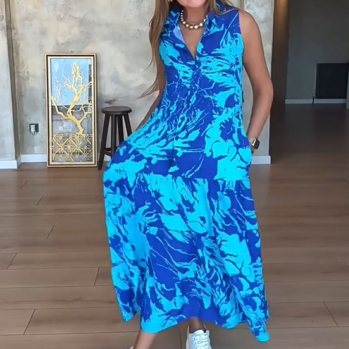 Zomerse maxi jurk zonder mouwen met knoopdetail en omslag