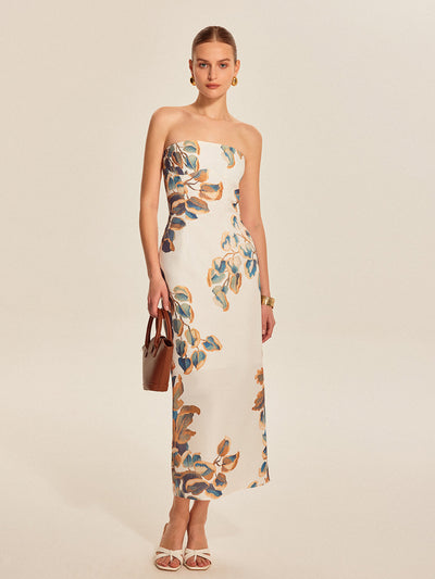 Elegante strapless jurk met bloemenmotief en verfijnde uitstraling