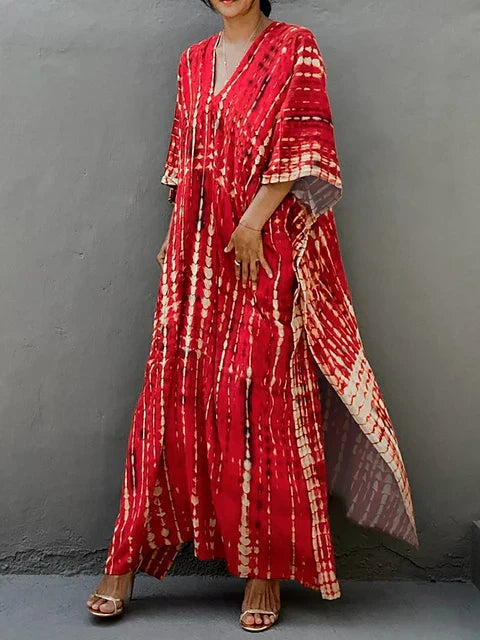 Bohemian maxi kaftanjurk met artistiek patroon en losvallend model