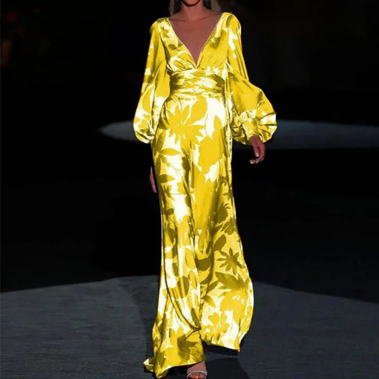 Elegante maxi jurk met diepe halslijn en lange mouwen