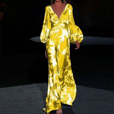 Elegante maxi jurk met diepe halslijn en lange mouwen