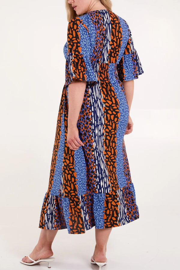 Lange casual damesjurk met print korte mouwen en moderne halslijn