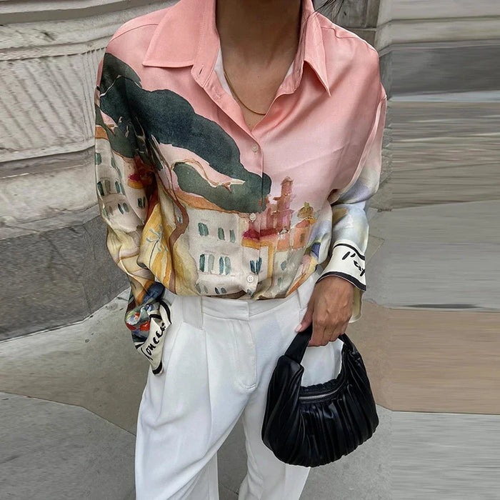 Zomers dames set met lange mouwen blouse en korte broek met print