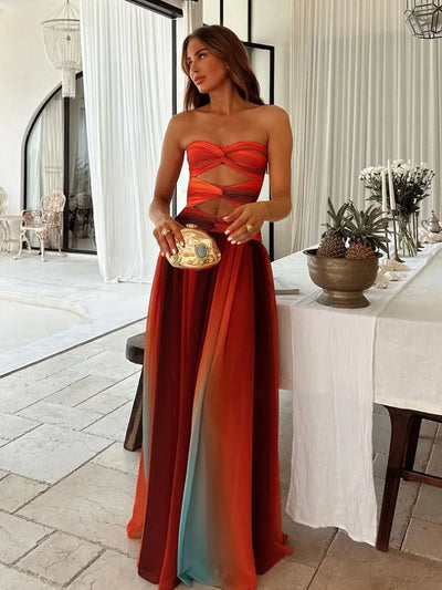 Elegante mouwloze maxi jurk met verloop en uitgesneden details