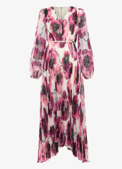 Elegante geplisseerde maxi jurk met bloemenprint en lange mouwen