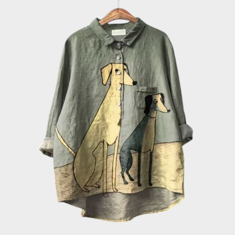 Wijdvallende blouse met halve knopen en speelse hondenprint