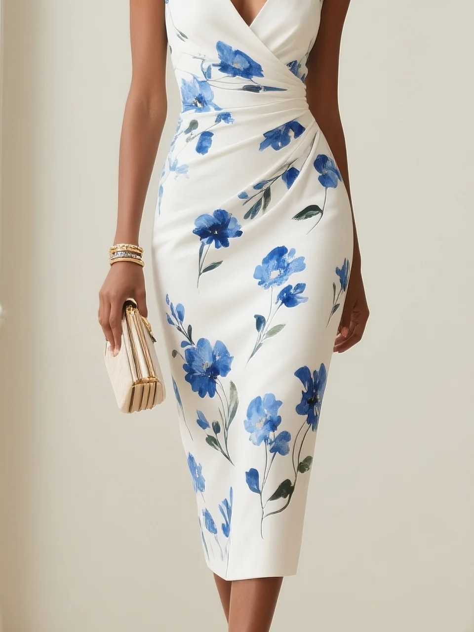 Mouwloze midi jurk met print en V-hals voor dames