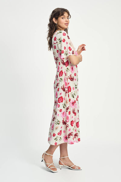 Elegante midi damesjurk met bloemenprint knopen en korte mouwen