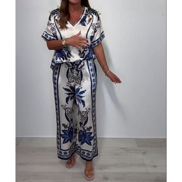 Luchtig dames set met korte mouwen top en wijde broek in boho stijl