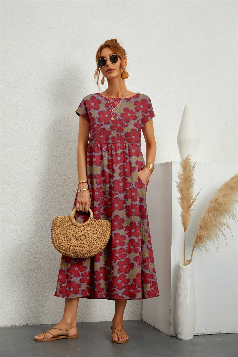 Lange casual damesjurk met speels dessin en korte mouwen