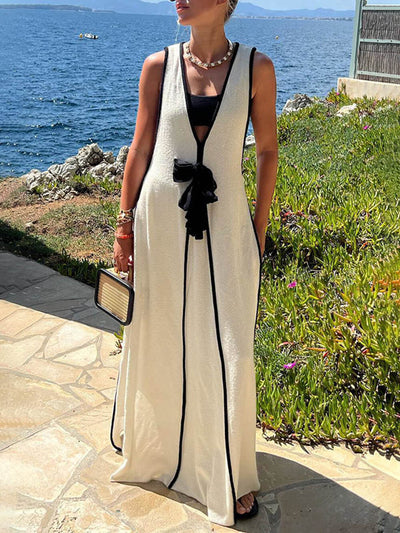 Carolina - Vloeiende, oversized maxi-jurk met zelfbinder in contrasterende kleur