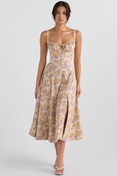 Elegante midi jurk met bloemenprint en aansluitend bovenstuk