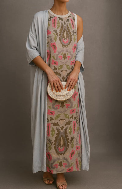 Elegante mouwloze maxi jurk met vintage uitstraling