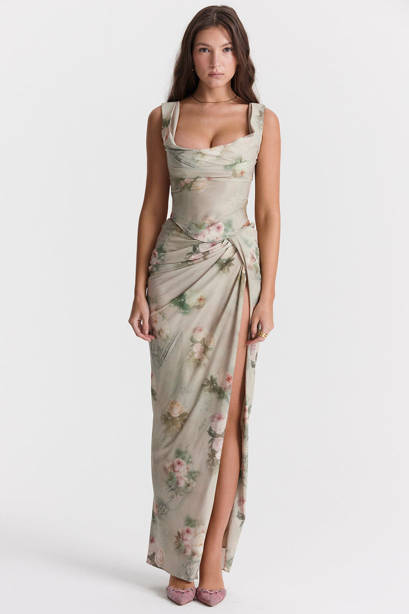 Vintage set met bloemenprint bestaande uit top met vetersluiting en lange rok