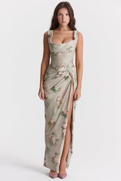 Vintage set met bloemenprint bestaande uit top met vetersluiting en lange rok