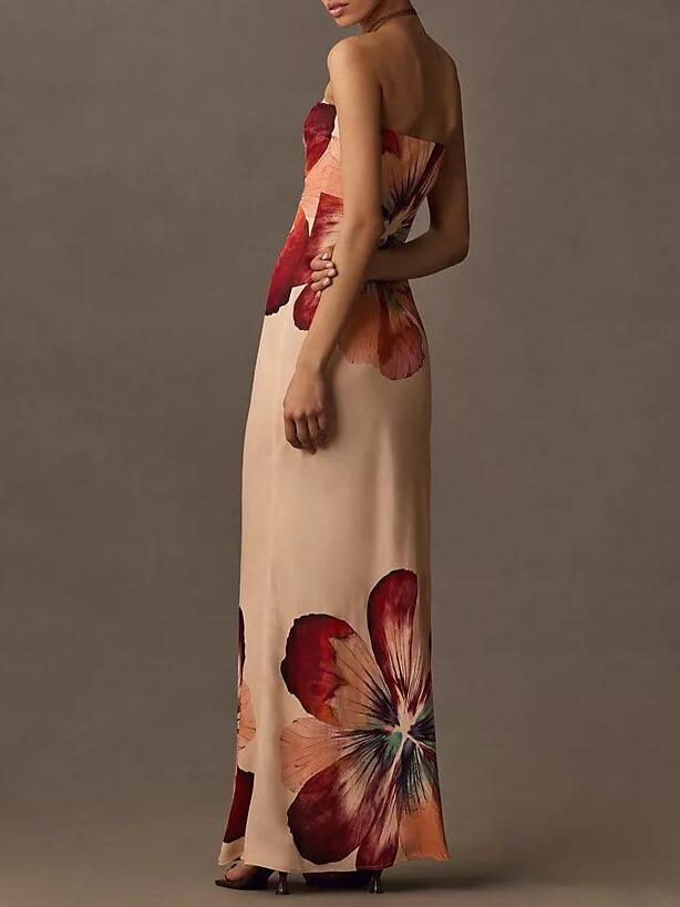 Strapless maxi-jurk met opvallende bloemenprint voor een elegante zomerse uitstraling