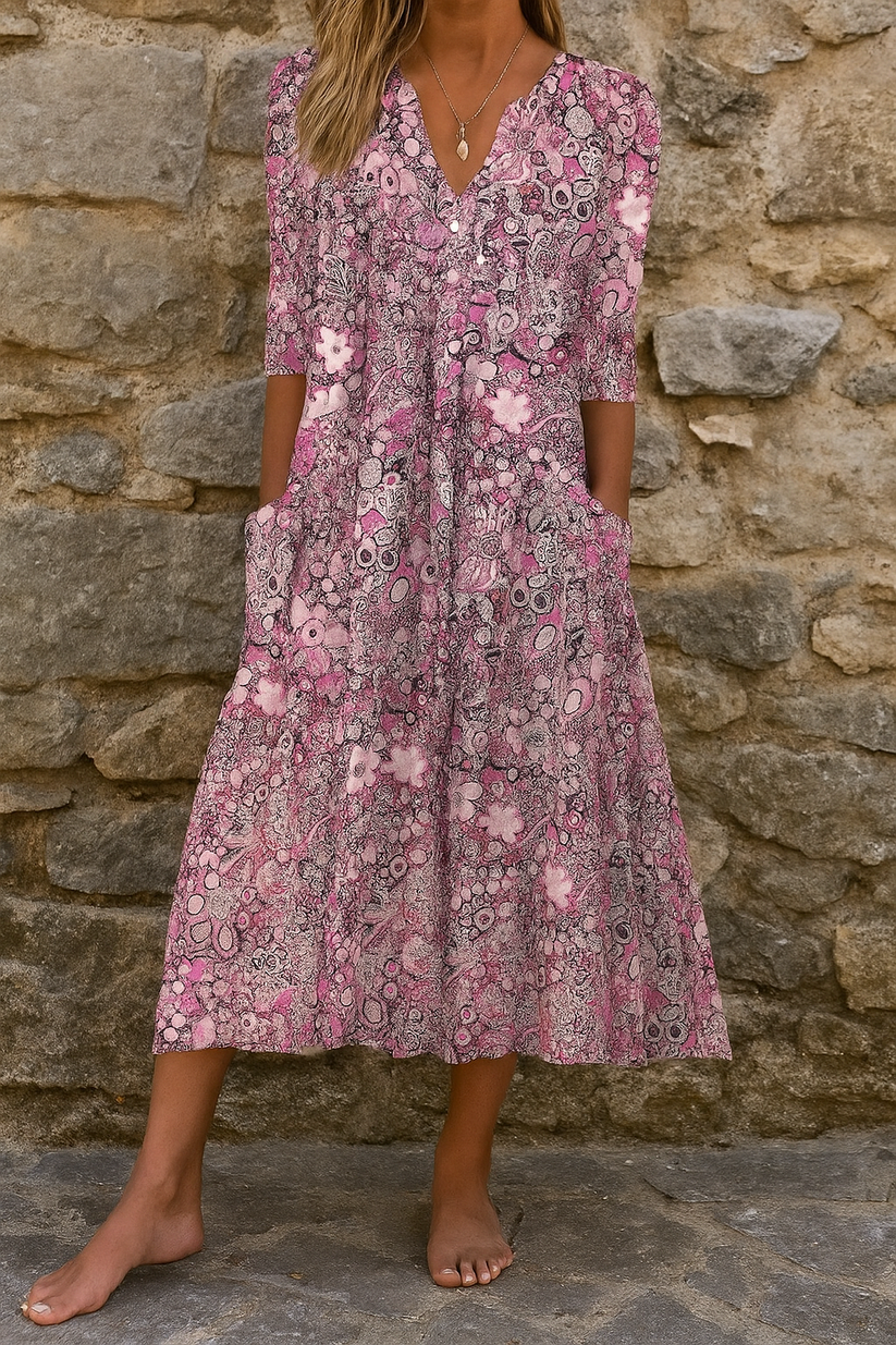 Elegante jurk met V hals en korte mouwen in midi lengte