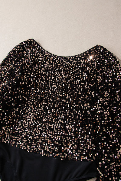 Elegante body met diepe V-hals, glinsterende accenten en pofmouwen