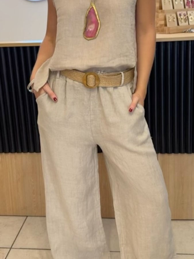 Stijlvolle moderne dames set zonder mouwen met top en wijde broek