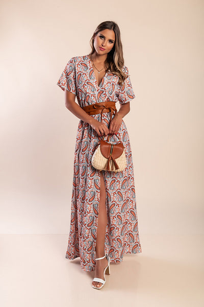 Lange jurk met korte mouwen en bohemien print voor een stijlvolle kijk