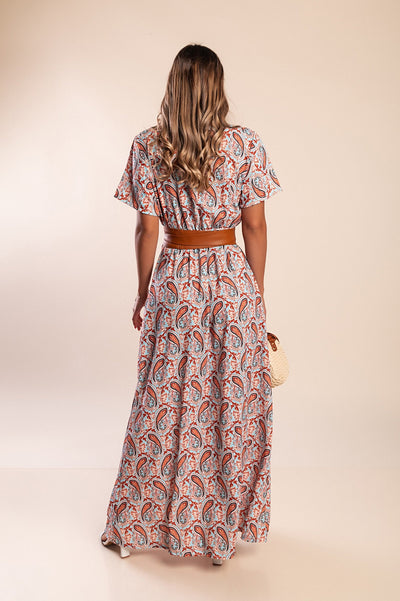 Lange jurk met korte mouwen en bohemien print voor een stijlvolle kijk