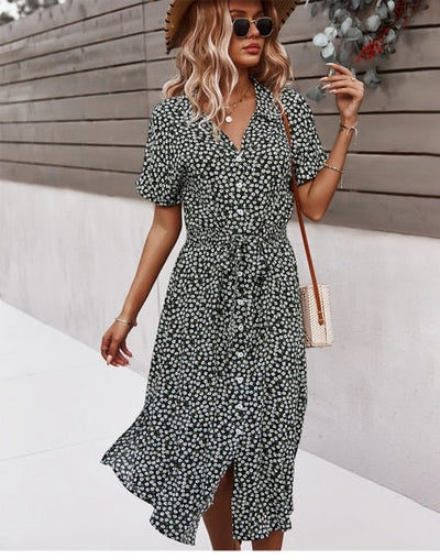 Boho midi jurk met korte mouwen knoopsluiting en v hals