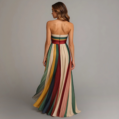 Elegante strapless maxi jurk met plooien en verloop effect