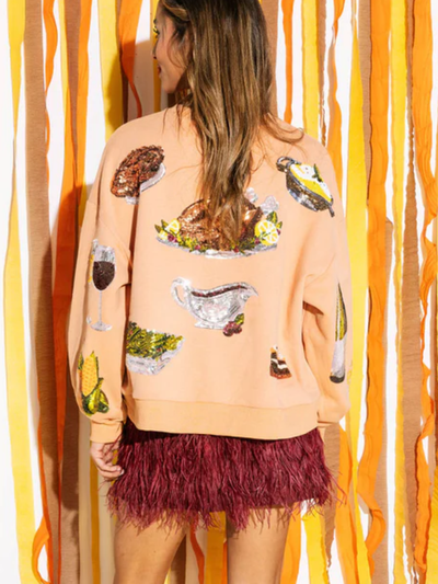 Ronde Hals Lang Mouwtje Thanksgiving Goud Roze Print Sweatshirt