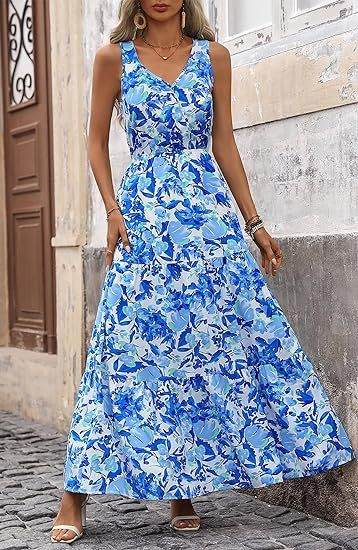 Elegante lange maxi jurk zonder mouwen met vloeiende uitstraling