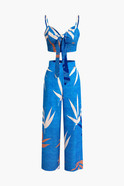 Tweedelige set met cropped top met strikbandjes en wijde broek met bamboebladerenprint