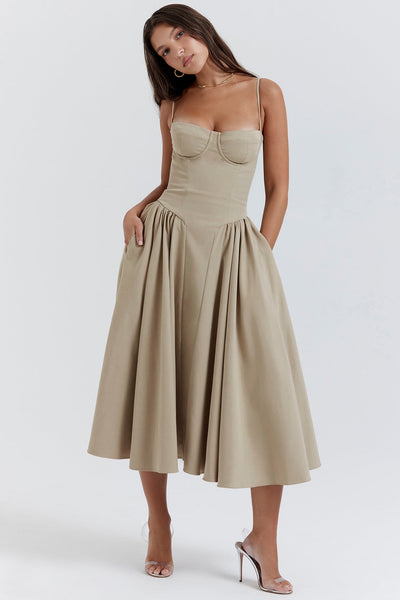 Midi jurk met corsetlook en fijne bandjes