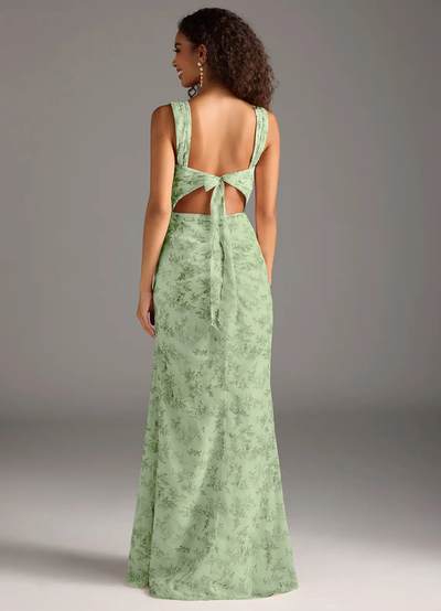 Elegante maxi jurk met vierkante halslijn en bladerenprint