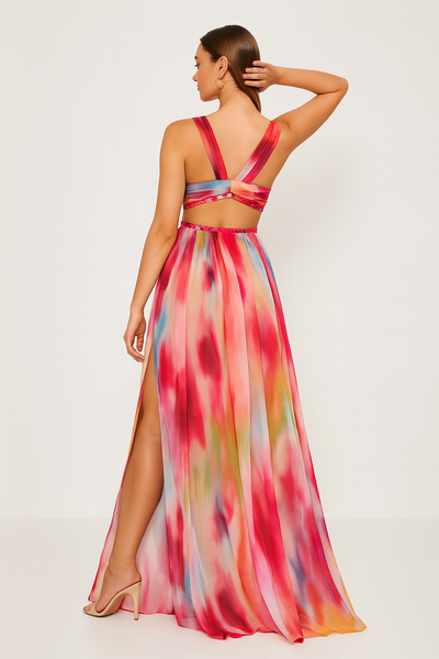 Elegante maxi jurk voor de zomer met speelse cutouts en gekruiste bandjes