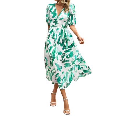 Zomerse midi jurk met korte pofmouwen en elegante uitstraling