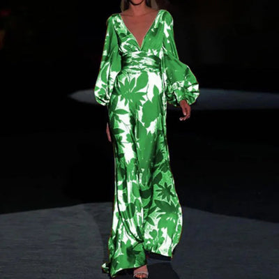 Elegante maxi jurk met diepe halslijn en lange mouwen