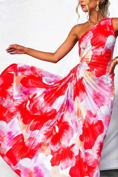 Elegante geplooide zomerjurk met asymmetrische schouderlijn