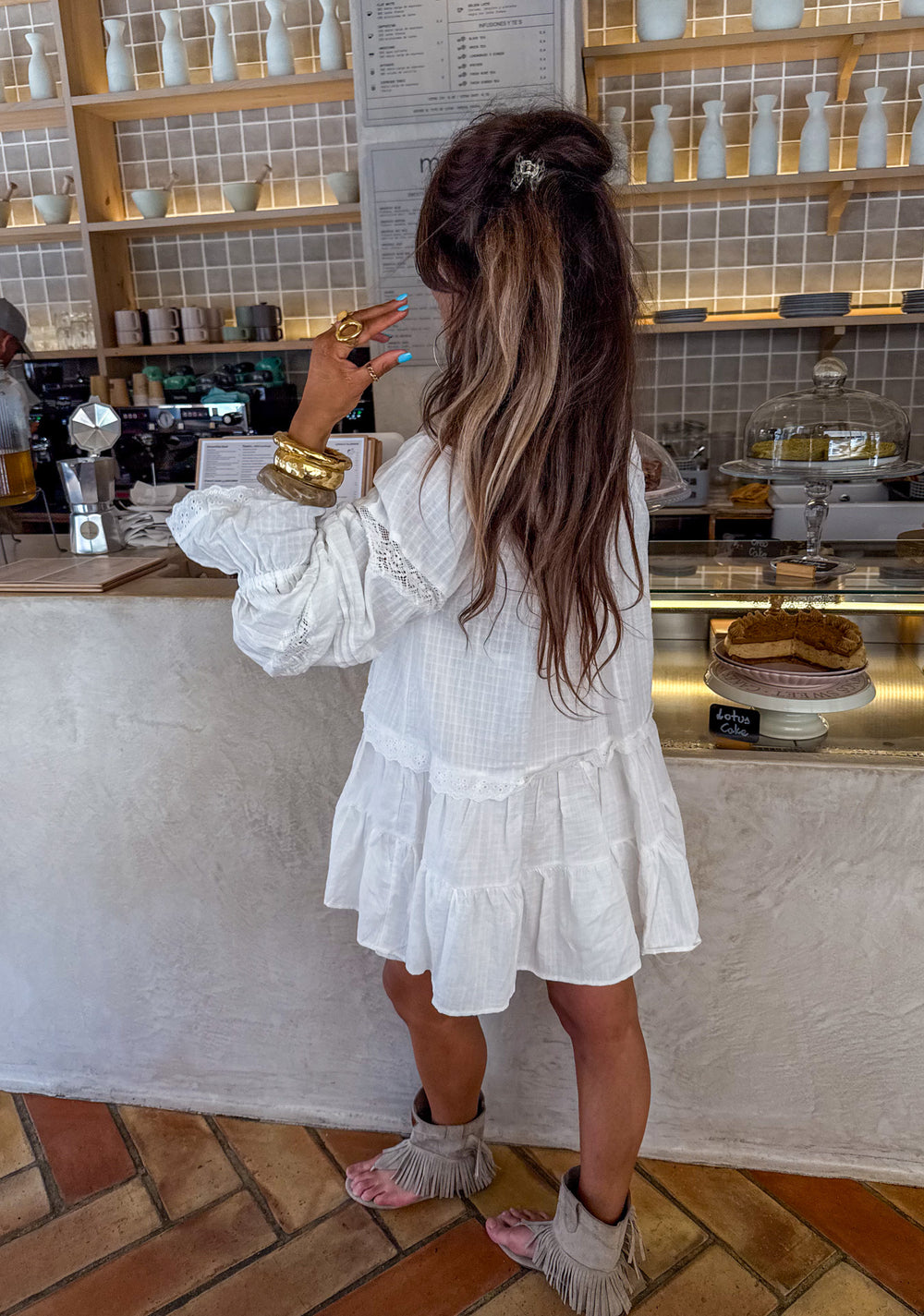 Zomerse boho mini jurk met lange mouwen en speelse ruches