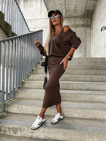 Modieuze Dames Set: Jurk en Sweater Combinatie voor Comfort en Stijl