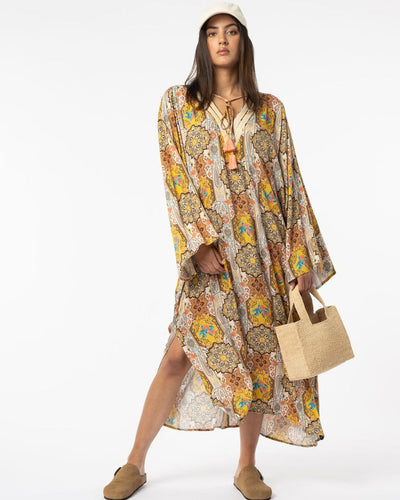 Zomerse lange tuniekjurk met V-hals en lange mouwen met print