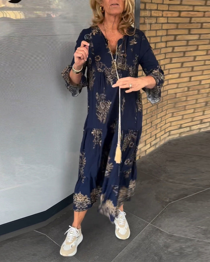 Vintage dames maxi jurk met V-hals en losvallend silhouet