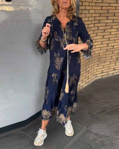 Vintage dames maxi jurk met V-hals en losvallend silhouet