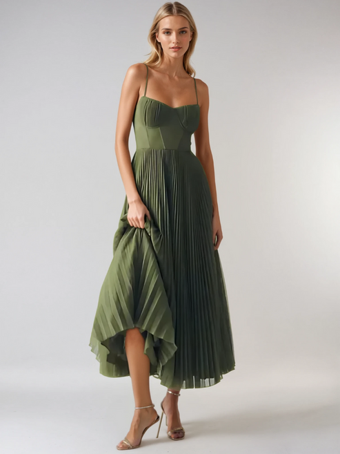 Midi-jurk met geplooide afwerking en korsetlook met fijne bandjes voor een elegante uitstraling