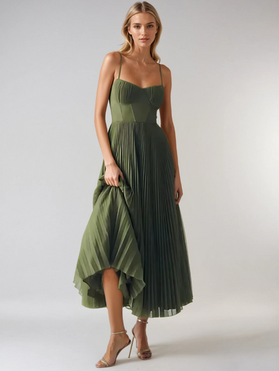 Midi-jurk met geplooide afwerking en korsetlook met fijne bandjes voor een elegante uitstraling