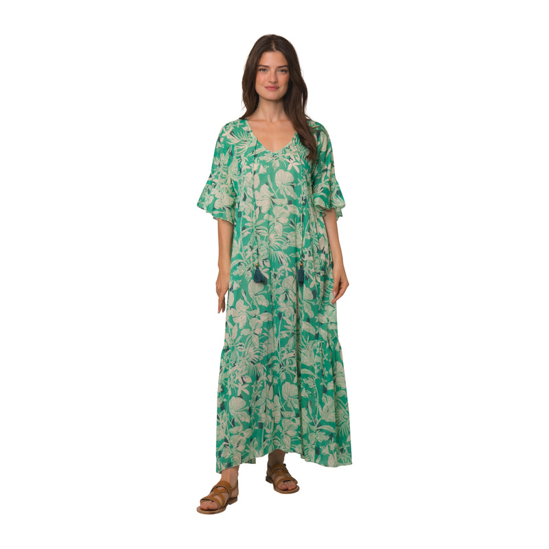Elegante boho maxi jurk met wijde pasvorm en korte mouwen